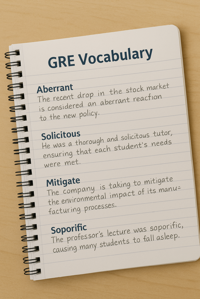 Notebook showing GRE vocabulary words used in full sentences